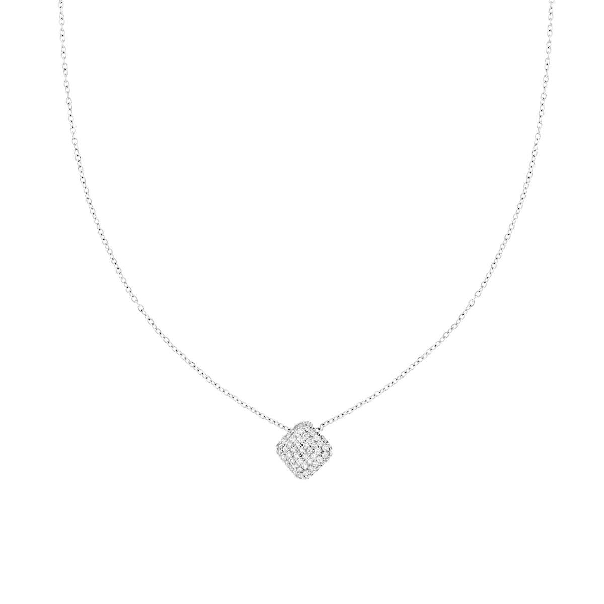 Collana Catena Forzatina Diamantata e Cuscino Quadrato con Crystal Bianchi in ACCIAIO<BR>