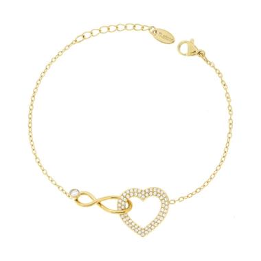 Bracciale Catena Forzatina Diamantata con Cuore e Infinito incrociati e Crystal Bianchi in ACCIAIO colore Oro<BR>