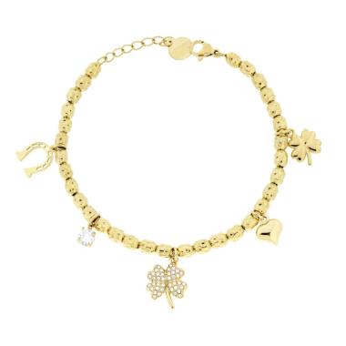 Bracciale Catena Ovali Martellati con Quadrifogli Cuore Charms Portafortuna e Crystal Bianchi in ACCIAIO colore Oro<BR>