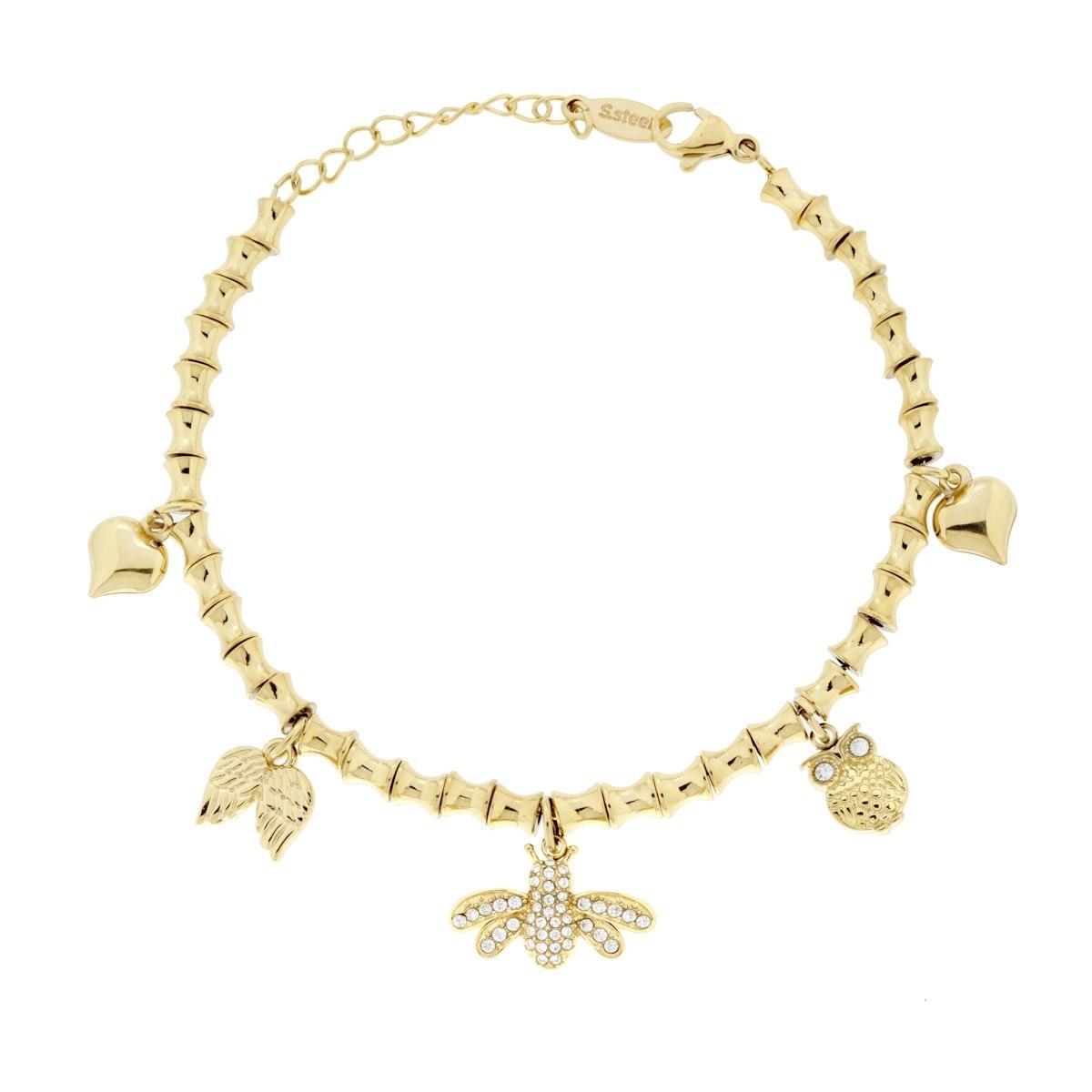 Bracciale Catena Cilindretti con Ape Charms Animali e Crystal Bianchi in ACCIAIO colore Oro<BR>