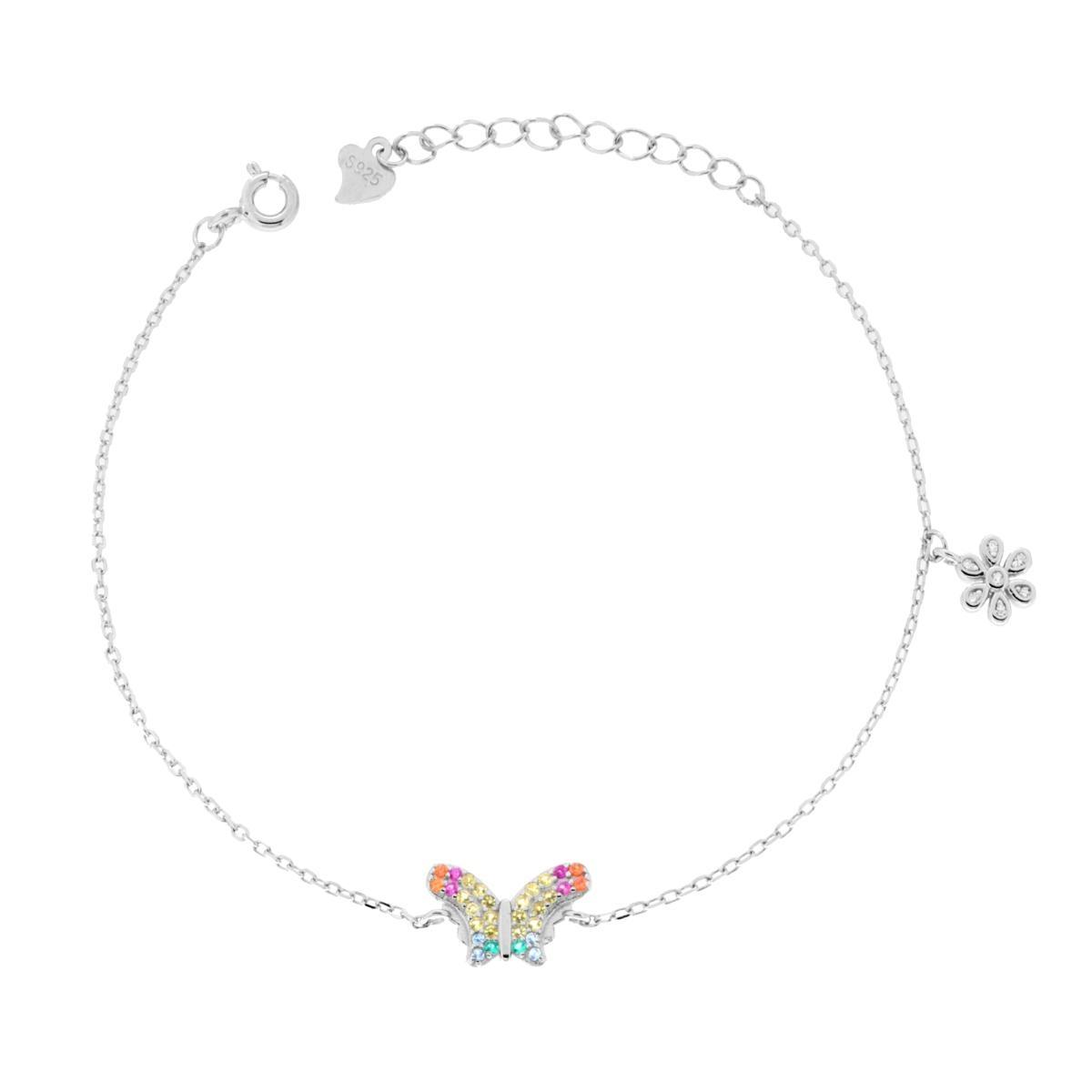 Bracciale Catena Forzatina Diamantata con Fiore e Farfalla con Cubic Zirconia Multicolor in ARGENTO Galvanica Rodio