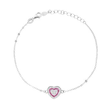 Bracciale Catena Forzatina Diamantata con Cuore e Cubic Zirconia Rosso Rubino Bianchi in ARGENTO 925 Galvanica Rodio<BR>