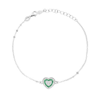 Bracciale Catena Forzatina Diamantata con Cuore e Cubic Zirconia Verde Smeraldo Bianchi in ARGENTO 925 Galvanica Rodio<BR>