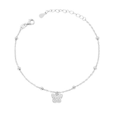 Bracciale Catena Forzatina Diamantata con Farfalla e Cubic Zirconia Bianchi in ARGENTO 925 Galvanica Rodio<BR>