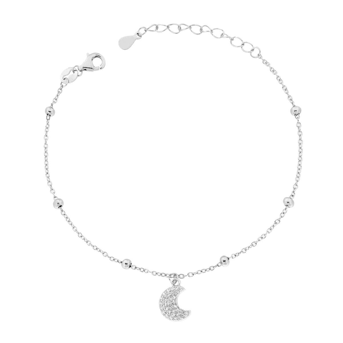 Bracciale Catena Forzatina Diamantata con Luna e Cubic Zirconia Bianchi in ARGENTO 925 Galvanica Rodio<BR>