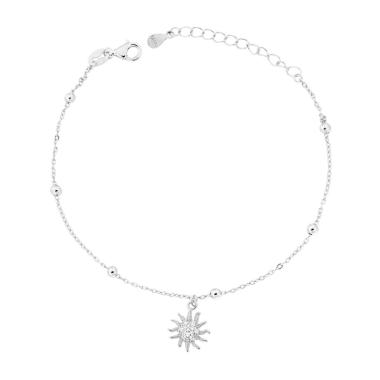 Bracciale Catena Forzatina Diamantata con Sole e Cubic Zirconia Bianchi in ARGENTO 925 Galvanica Rodio<BR>