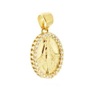 Ciondolo Medaglia Ovale mm 15 con Madonna Miracolosa e Zirconi Bianchi in ARGENTO 925 Galvanica Oro