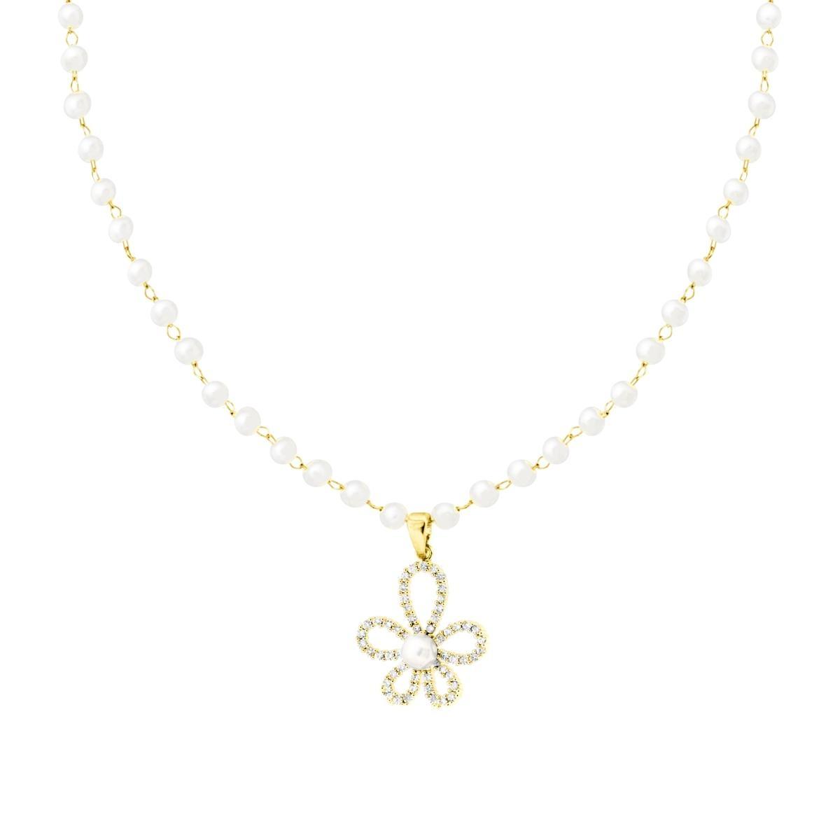 Collana Catena con Perle e Fiore Crystal Bianchi in ACCIAIO colore Oro