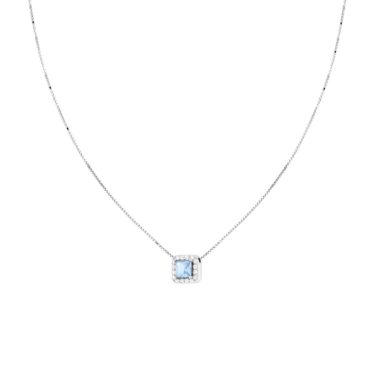 Collana Catena Veneziana Diamantata con Quadrato Carre Acquamarina contornato da Cubic Zirconia Bianchi in ARGENTO 925 Galvanica Rodio<BR>