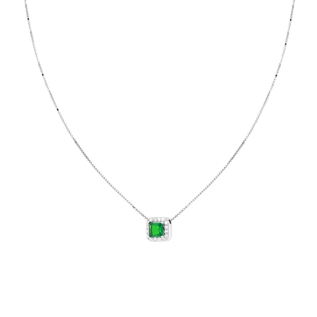 Collana Catena Veneziana Diamantata con Quadrato Carre Verde Smeraldo contornato da Cubic Zirconia Bianchi in ARGENTO 925 Galvanica Rodio<BR>