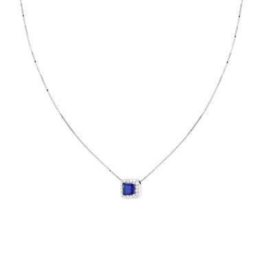 Collana Catena Veneziana Diamantata con Quadrato Carre Blu Zaffiro contornato da Cubic Zirconia Bianchi in ARGENTO 925 Galvanica Rodio<BR>
