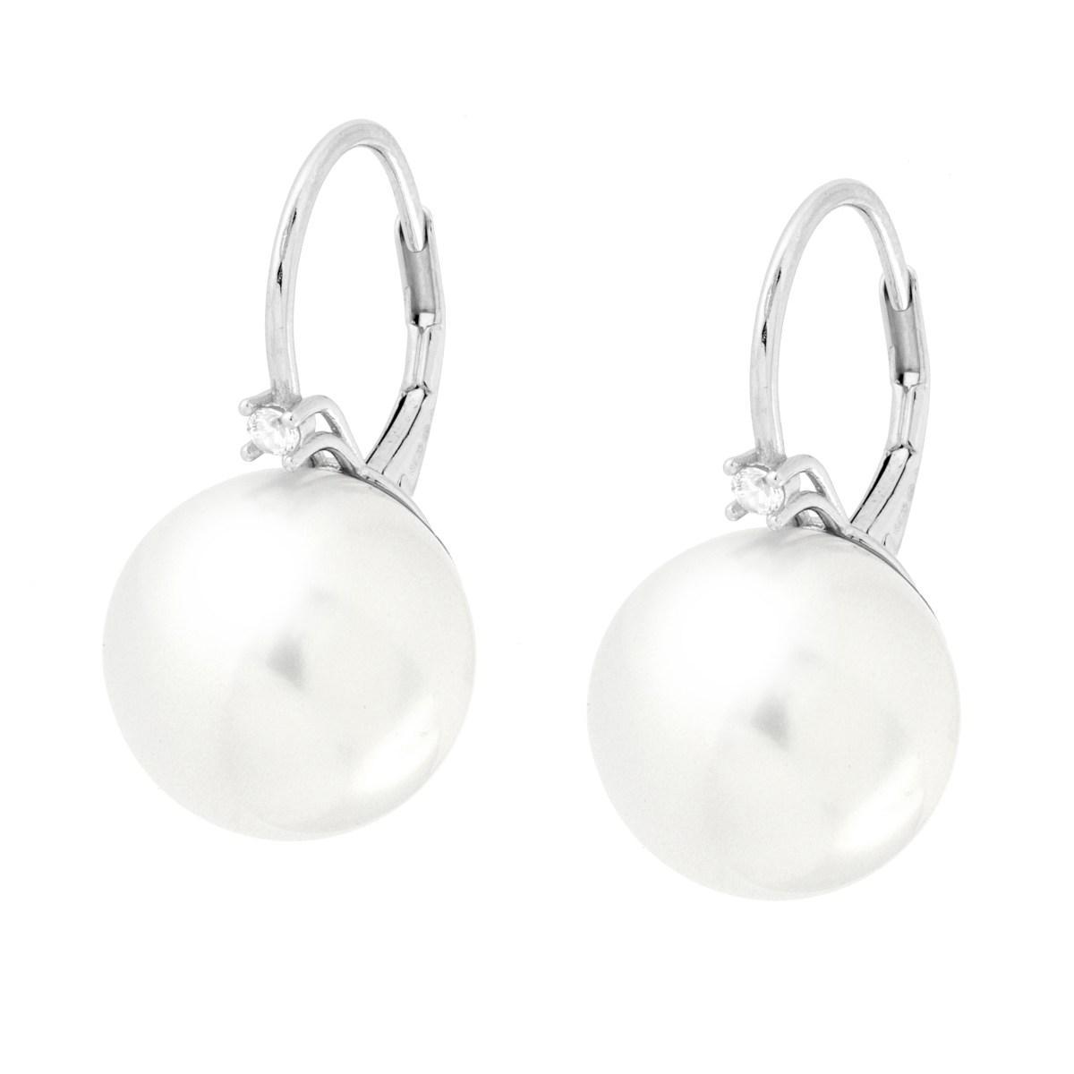 Orecchini Monachella Perla mm 14 e Punto Luce Cubic Zirconia Bianco in ARGENTO 925 Galvanica Rodio<BR>