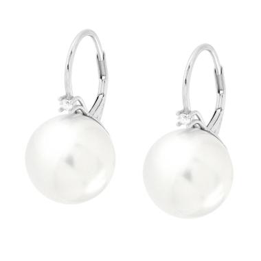 Orecchini Monachella Perla mm 14 e Punto Luce Cubic Zirconia Bianco in ARGENTO 925 Galvanica Rodio<BR>