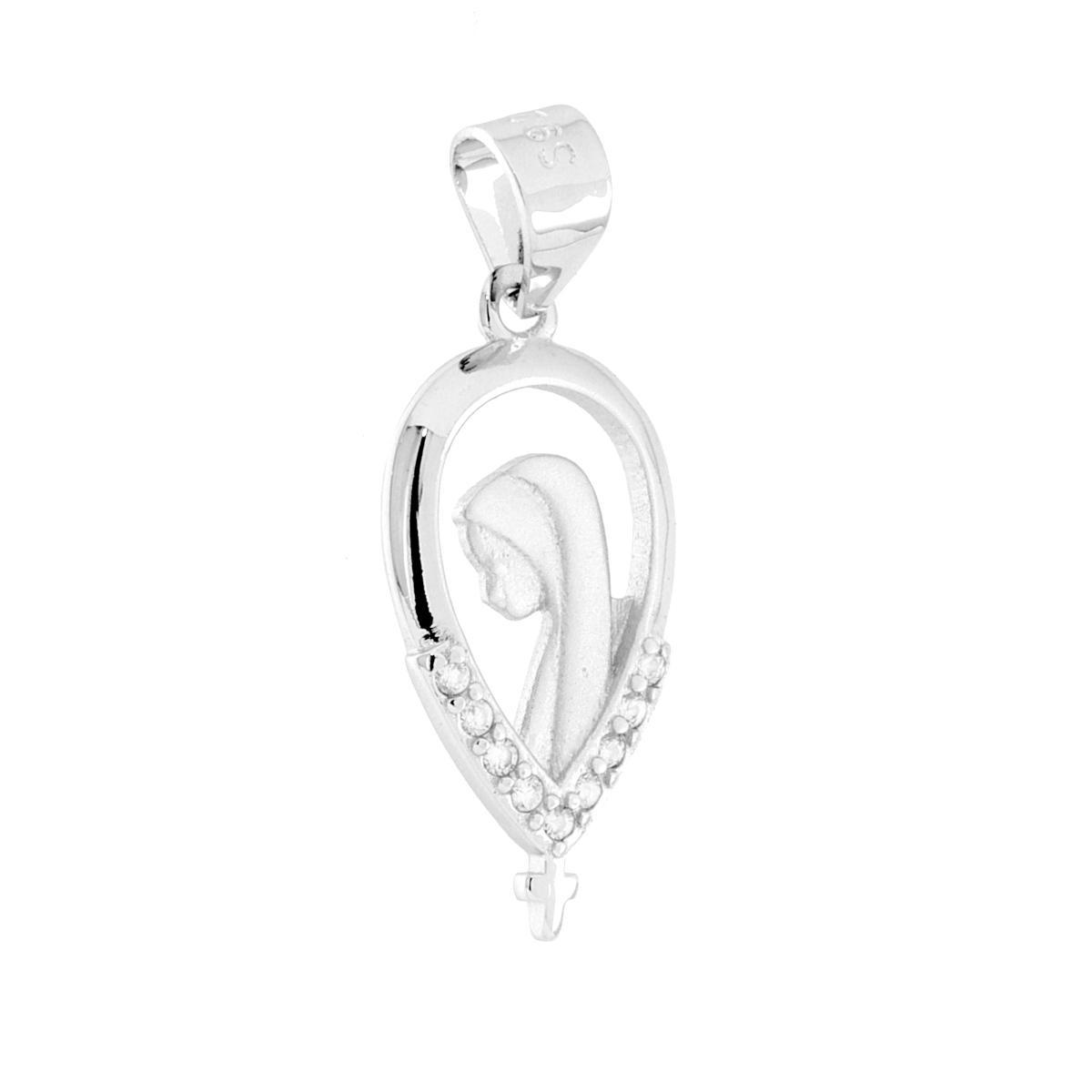 Ciondolo Rosario con Madonna e Cubic Zirconia Bianchi in ARGENTO 925 Galvanica Rodio<BR>
