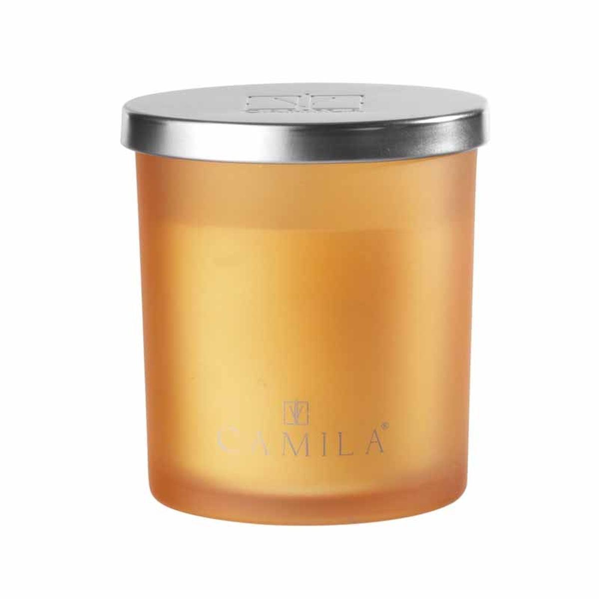 Candela profumata Capri Silver 140 gr. satinato arancio fragranza cedro e arancia  d.7,5x  h.8 cm