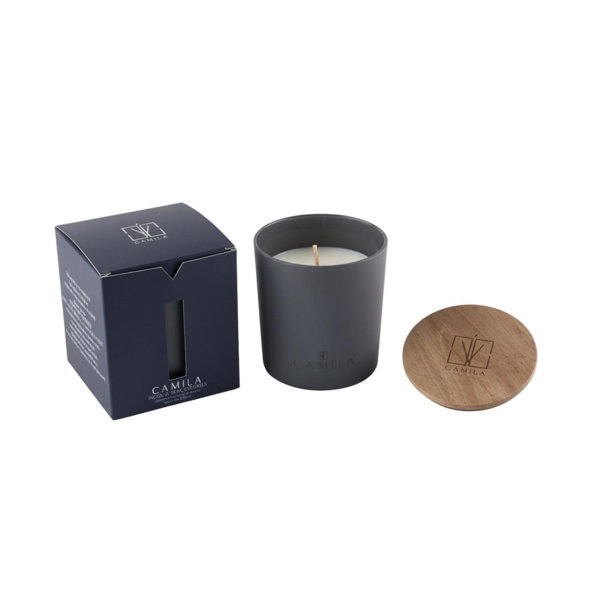 Candela profumata Wood 200 gr d.9 x h.9 cm grigio pietra fragranza muschio e more Camilia