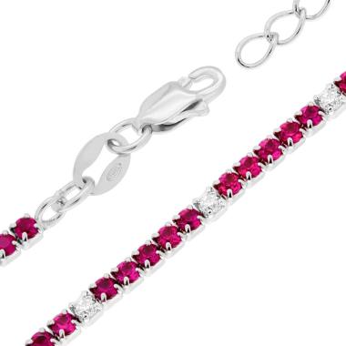 Bracciale Tennis Griffe cm 16+3 con Zirconi mm 1.7 alternati Bianchi e Rosso Rubino in ARGENTO 925 Galvanica Rodio