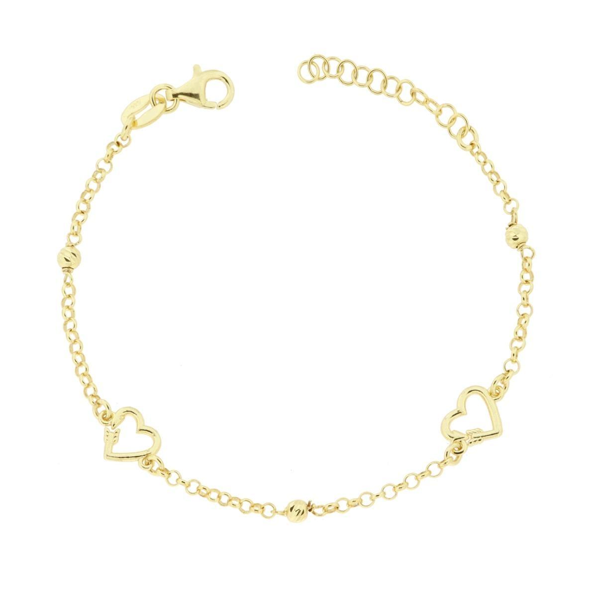 Bracciale Catena Rolo con Cuori Freccia e Palline Slash in ARGENTO 925 Galvanica Oro<BR>