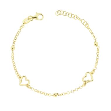 Bracciale Catena Rolo con Cuori Freccia e Palline Slash in ARGENTO 925 Galvanica Oro<BR>