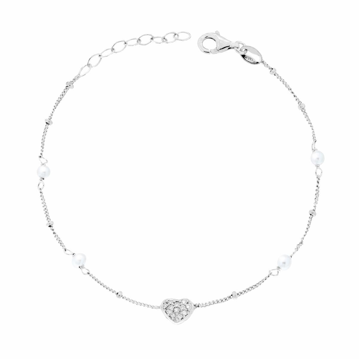 Bracciale Catena Grumetta Diamantata con Cuore con Cubic Zirconia Bianchi e Perle in ARGENTO 925 Galvanica Rodio<BR>