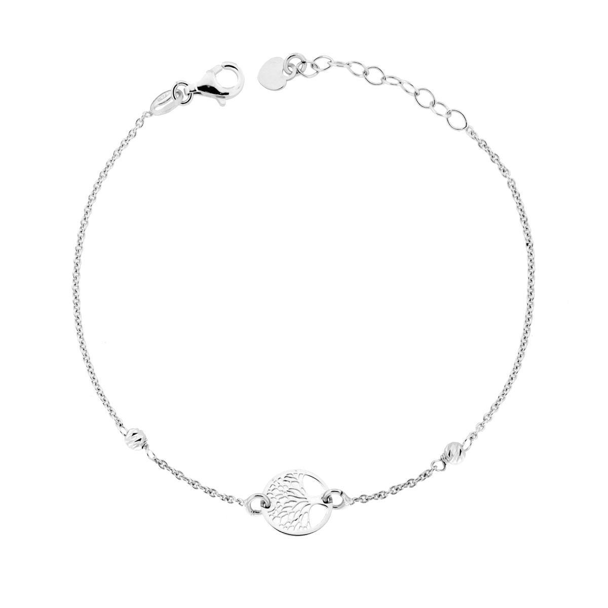 Bracciale Catena Forzatina Diamantata con Palline Slash e Albero della Vita in ARGENTO 925 Galvanica Rodio<BR>