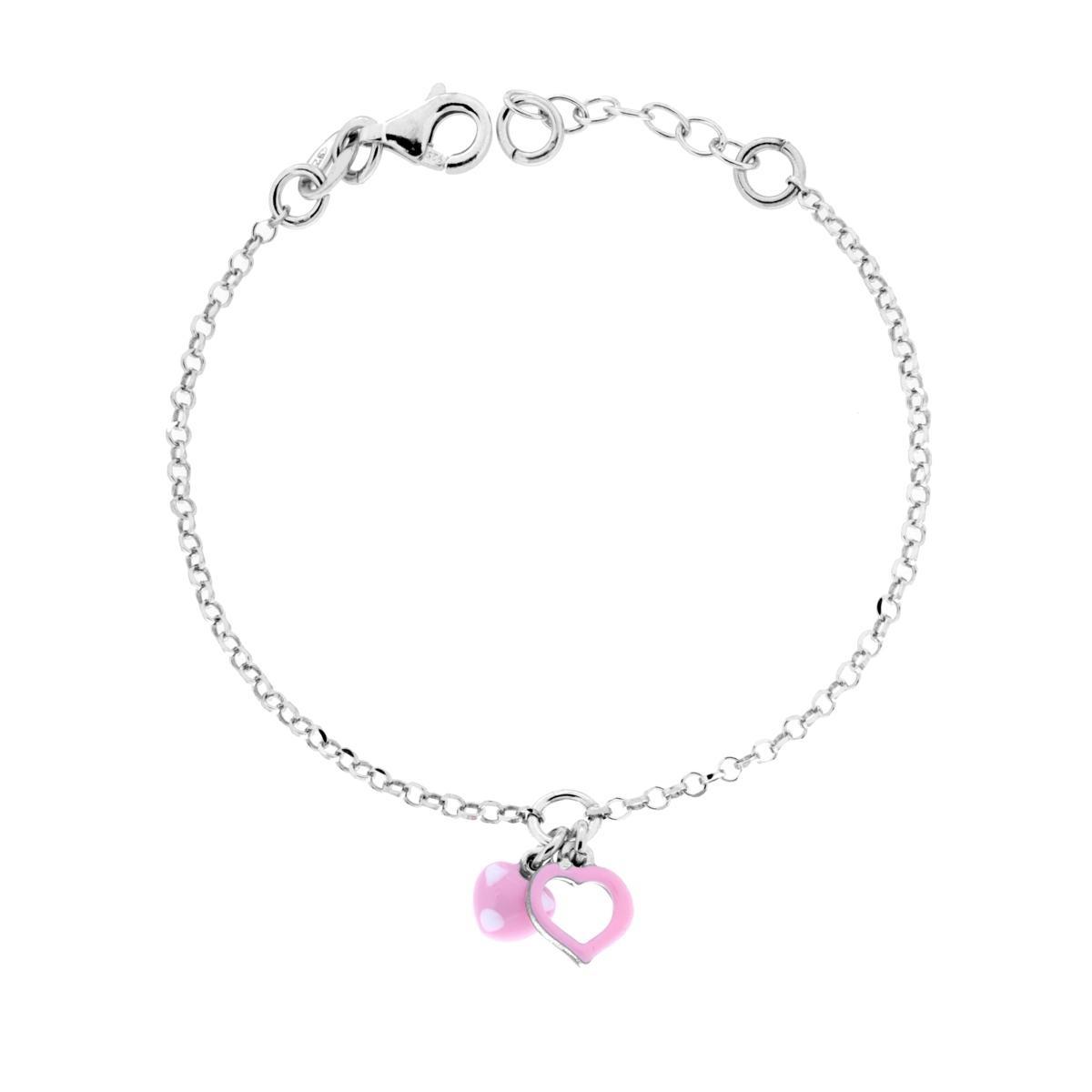Bracciale Bimbo Bimba con Catena Rolo Diamantata e Cuori Smalto Rosa e Bianco in ARGENTO 925 Galvanica Rodio<BR>