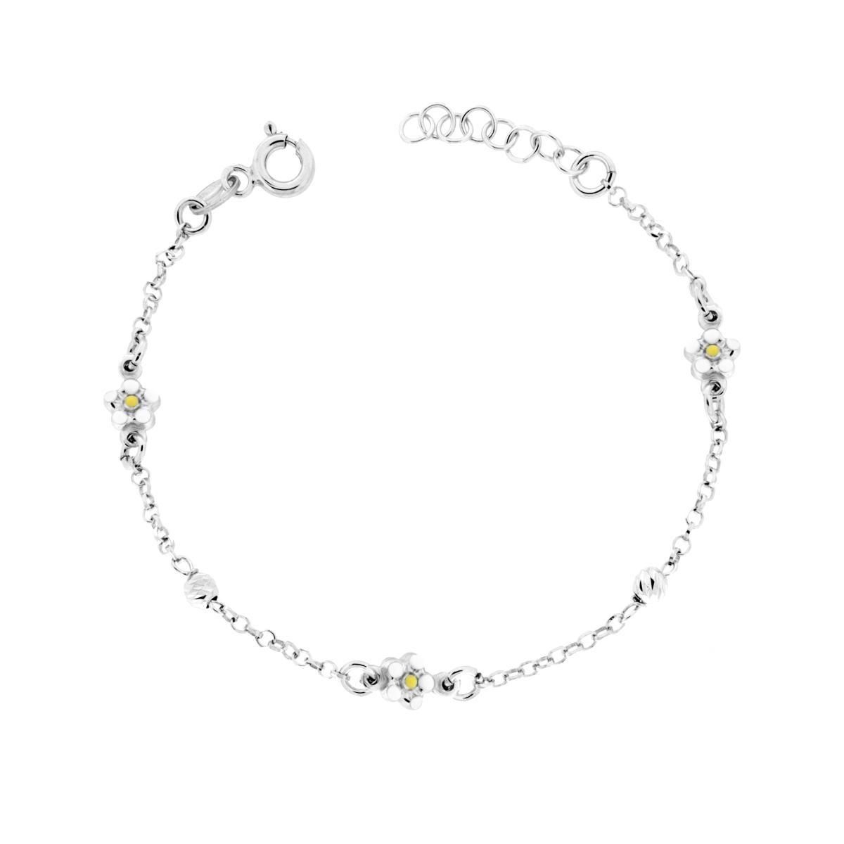 Bracciale Bimbo Bimba con Catena Rolo Diamantata Palline Slash e Fiori con Smalto Bianco e Giallo in ARGENTO 925 Galvanica Rodio<BR>