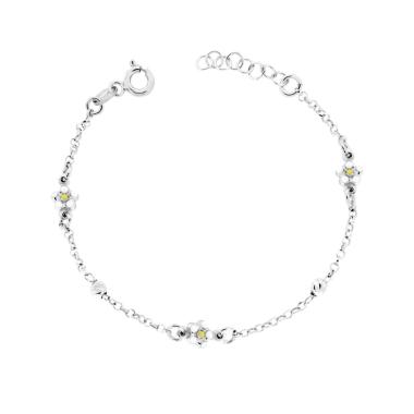 Bracciale Bimbo Bimba con Catena Rolo Diamantata Palline Slash e Fiori con Smalto Bianco e Giallo in ARGENTO 925 Galvanica Rodio<BR>