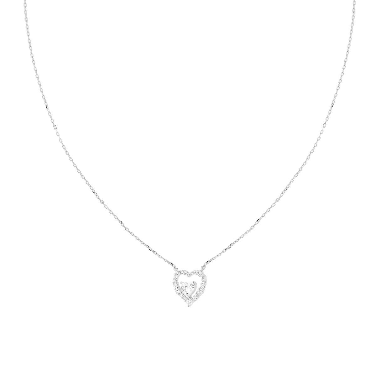 Collana Catena Forzatina Diamantata con Cuore Punto Luce Cubic Zirconia Bianchi in ARGENTO 925 Galvanica Rodio<BR>