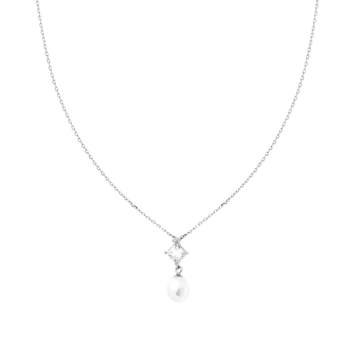 Collana Catena Forzatina Diamantata con Punto Luce Princess Cubic Zirconia Bianco e Perla Ovale pendente in ARGENTO 925 Galvanica Rodio<BR>