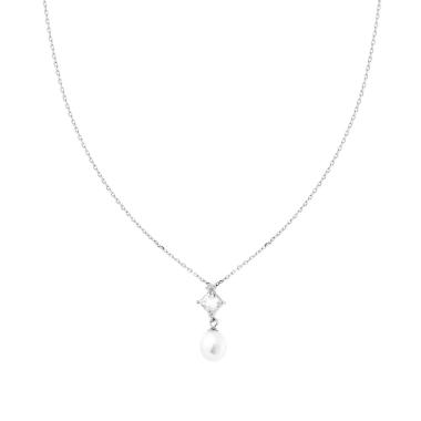 Collana Catena Forzatina Diamantata con Punto Luce Princess Cubic Zirconia Bianco e Perla Ovale pendente in ARGENTO 925 Galvanica Rodio