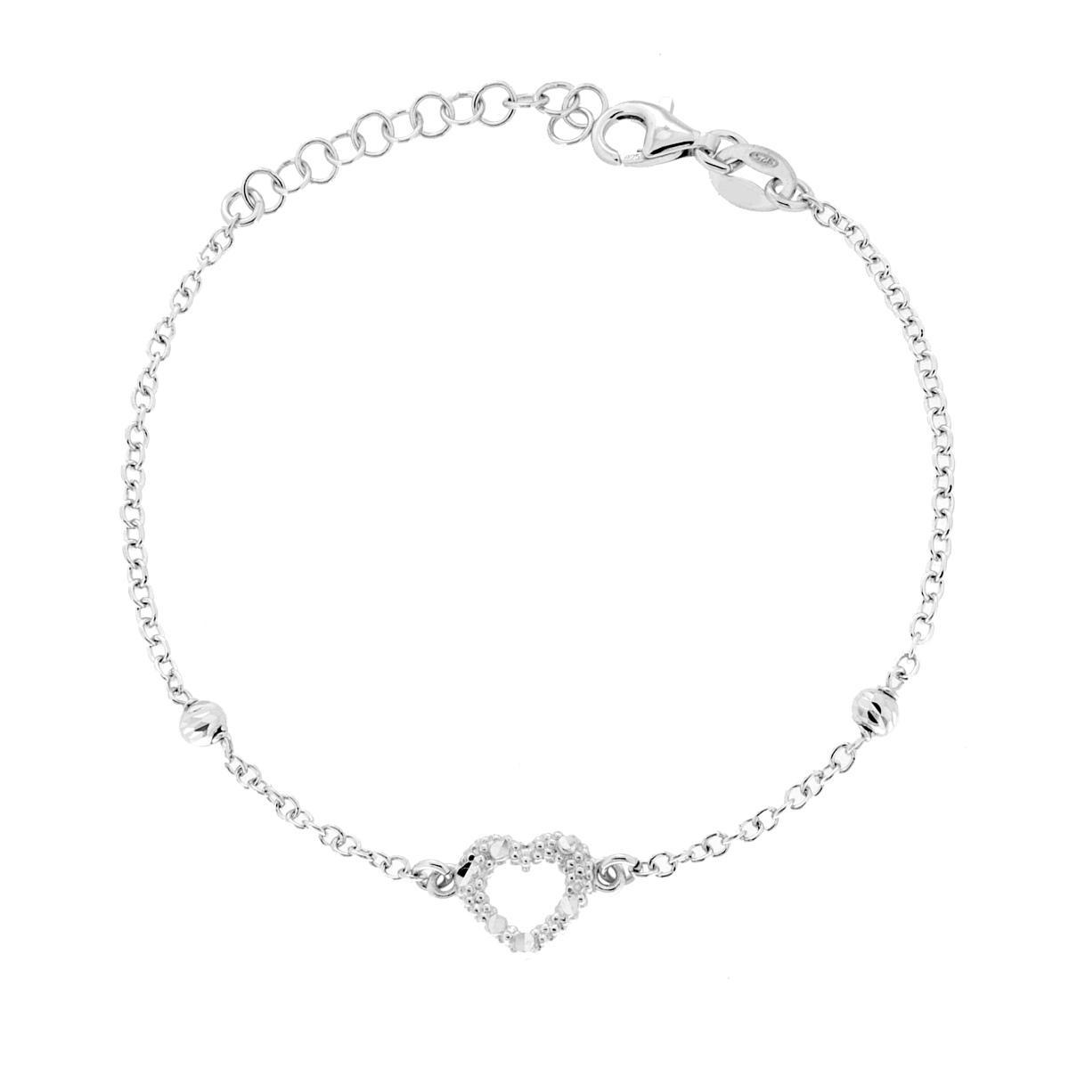 Bracciale Catena Forzatina con Cuore Diamantato e Palline Slash in ARGENTO 925 Galvanica Rodio<BR>