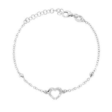 Bracciale Catena Forzatina con Cuore Diamantato e Palline Slash in ARGENTO 925 Galvanica Rodio<BR>