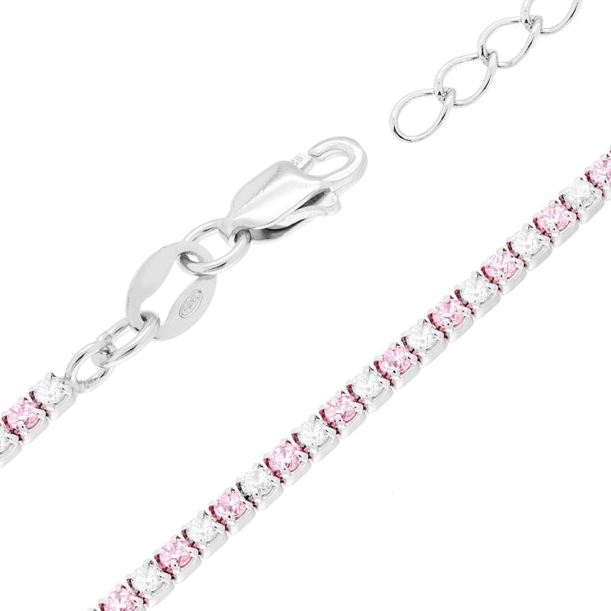 Bracciale Tennis Griffe cm 16+3 con Cubic Zirconia alternati Rosa e Bianchi mm 1.7 in ARGENTO 925 Galvanica Rodio<BR>