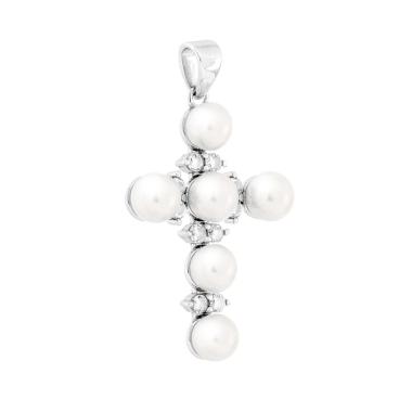 Ciondolo Croce con Perle e Cubic Zirconia Bianchi in ARGENTO 925 Galvanica Rodio<BR>