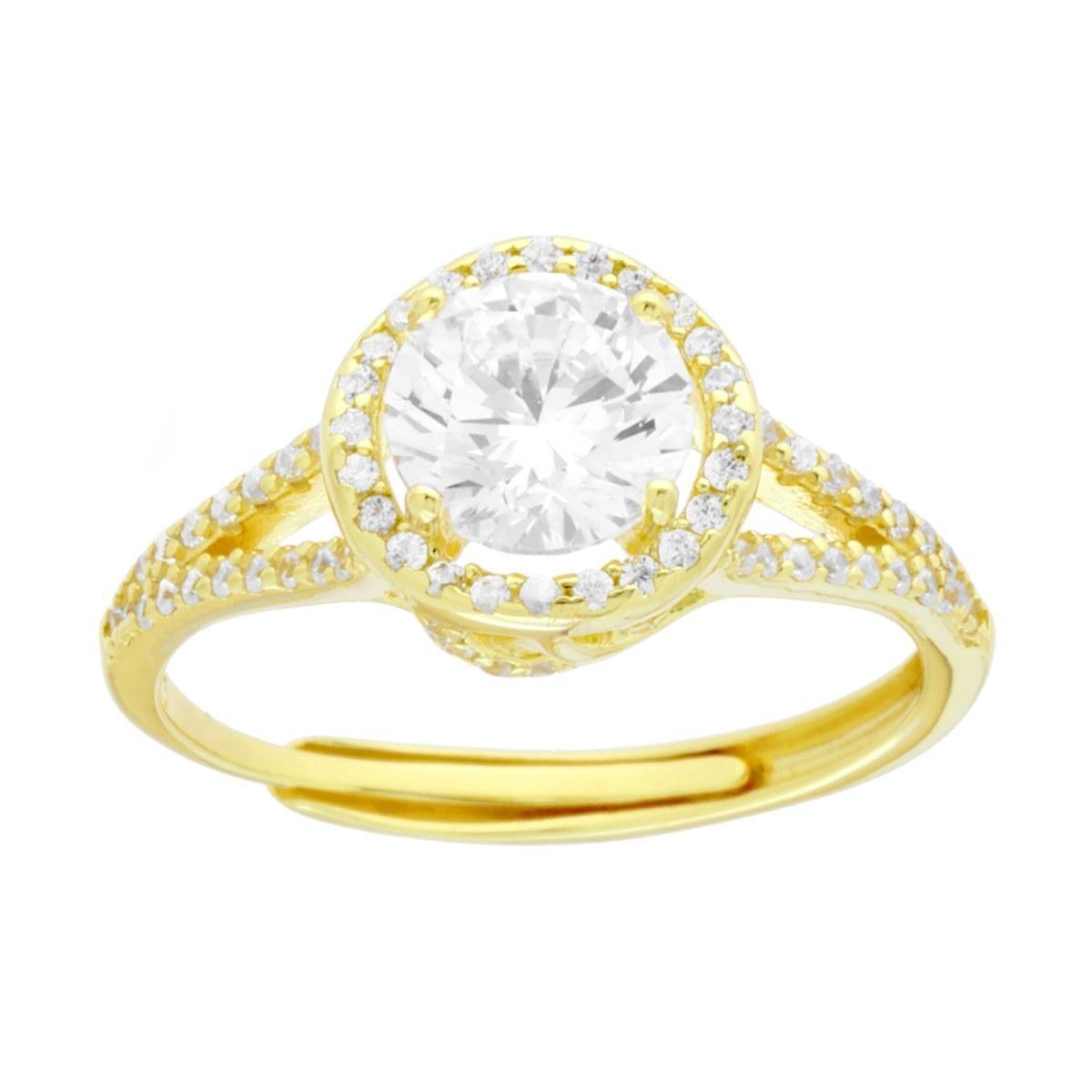 Anello Solitario mm 6.5 contornato da Cubic Zirconia Bianchi in ARGENTO 925 Galvanica Oro<BR>