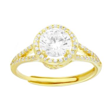 Anello Solitario mm 6.5 contornato da Cubic Zirconia Bianchi in ARGENTO 925 Galvanica Oro<BR>
