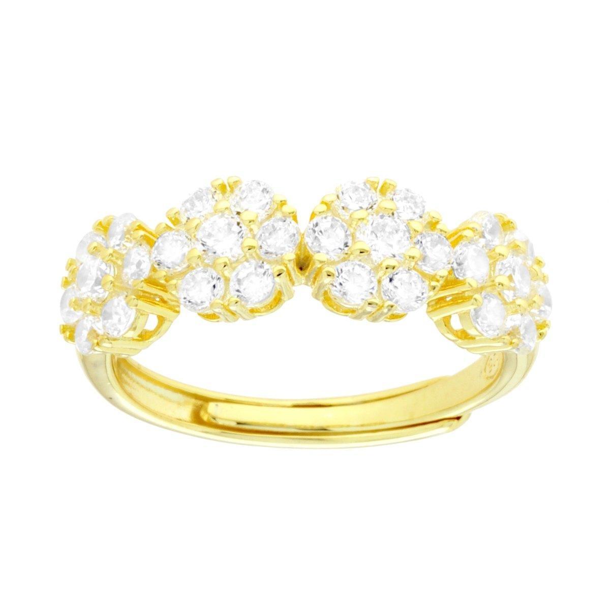 Anello Veretta con Fiori e Cubic Zirconia Bianchi in ARGENTO 925 Galvanica Oro<BR>