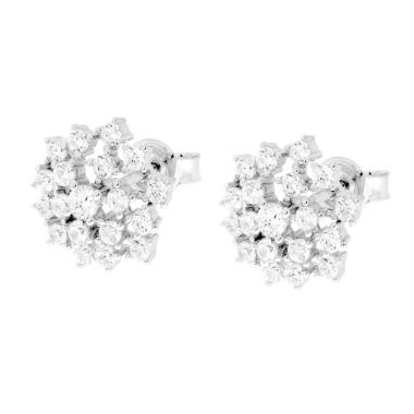 Orecchini Fioriti con Cubic Zirconia Bianchi in ARGENTO 925 Galvanica Rodio<BR>