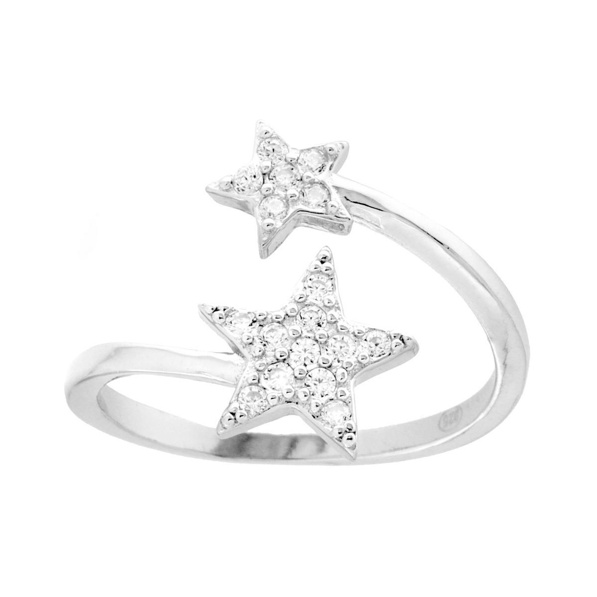 Anello Contrarie con Stelle e Cubic Zirconia Bianchi in ARGENTO 925 Galvanica Rodio<BR>