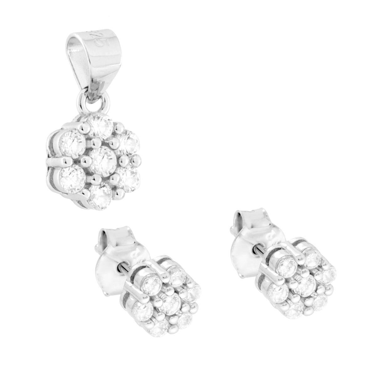 Parure Set Orecchini e Ciondolo con Fiore e Cubic Zirconia Bianchi in ARGENTO 925 Galvanica Rodio<BR>