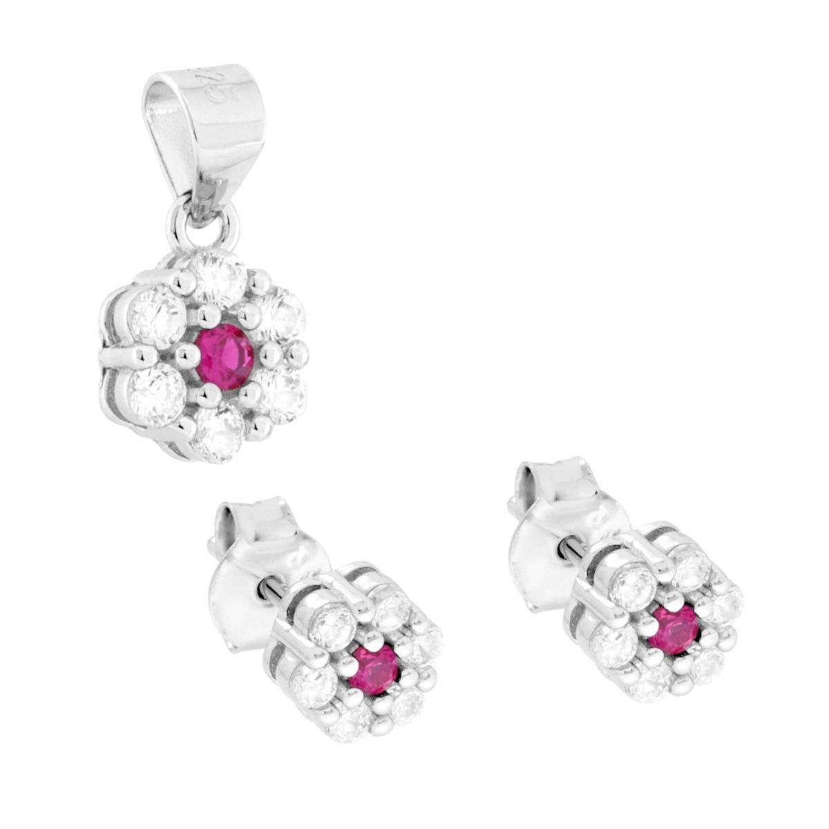 Parure Set Orecchini e Ciondolo con Fiore Rosso Rubino e Cubic Zirconia Bianchi in ARGENTO 925 Galvanica Rodio<BR>