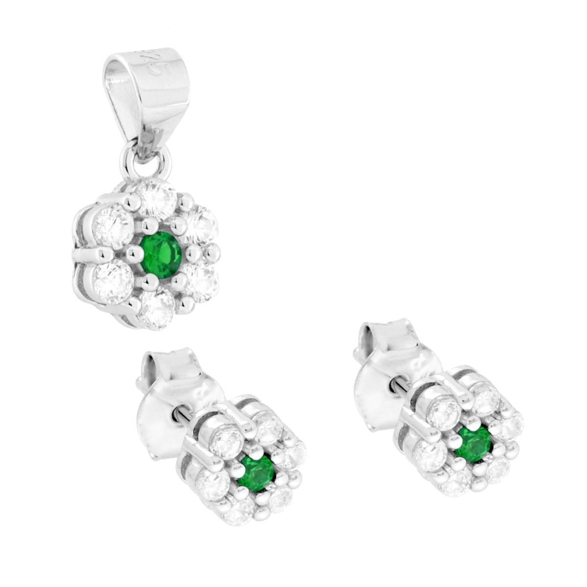 Parure Set Orecchini e Ciondolo con Fiore Verde Smeraldo e Cubic Zirconia Bianchi in ARGENTO 925 Galvanica Rodio<BR>