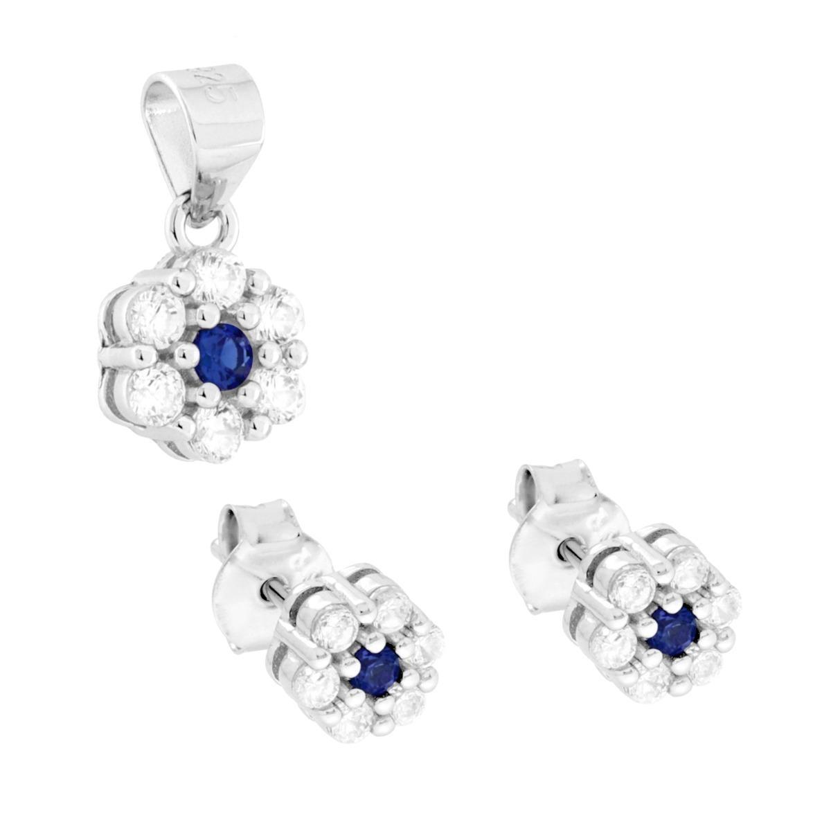 Parure Set Orecchini e Ciondolo con Fiore Blu Zaffiro e Cubic Zirconia Bianchi in ARGENTO 925 Galvanica Rodio<BR>