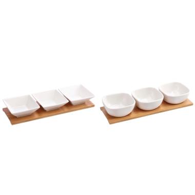 Set 3 ciotole in porcellana bianca con vassoio in bamboo 32x10,5 cm