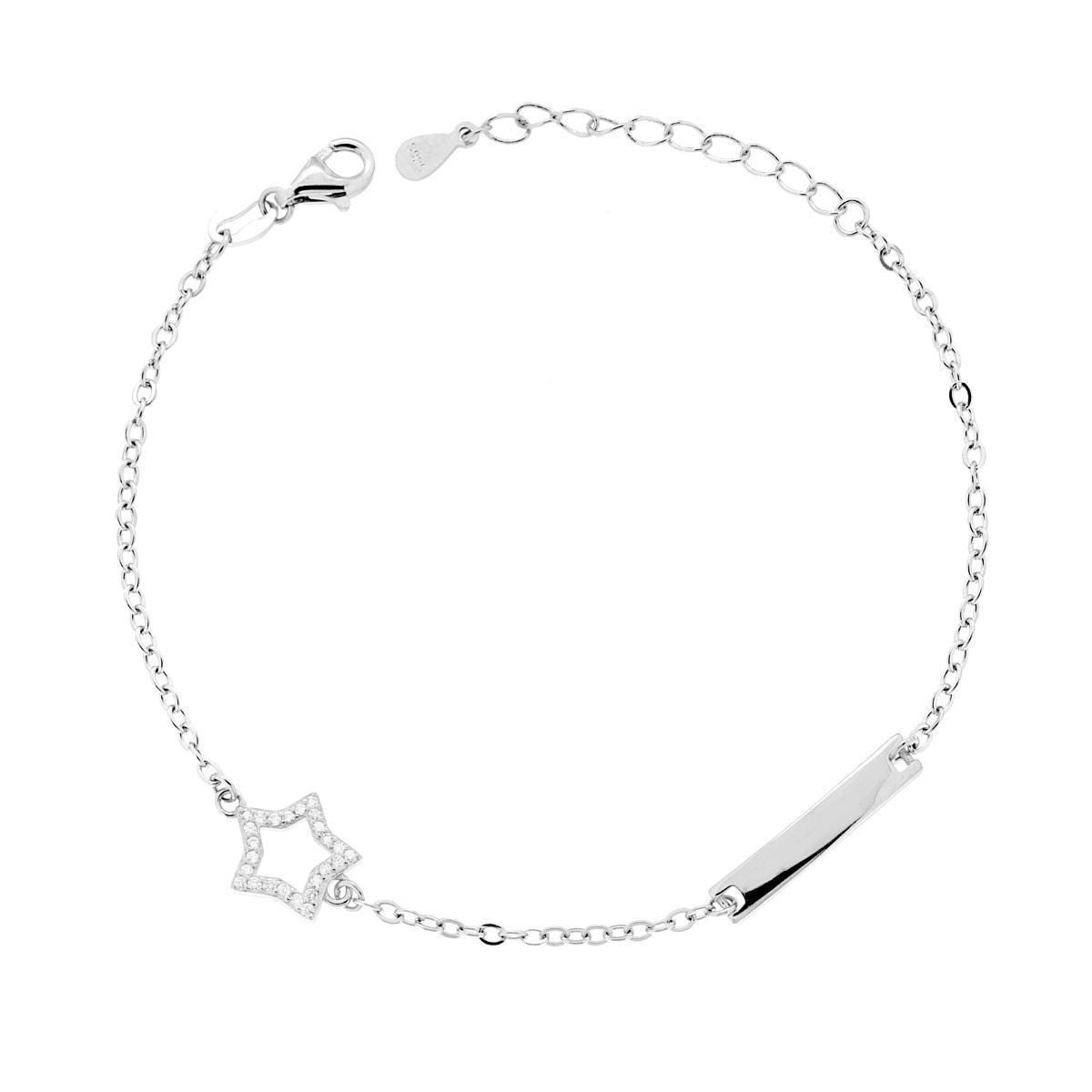 Bracciale Catena Forzatina Diamantata con Stella e Cubic Zirconia Bianchi e Targa Rettangolare in ARGENTO 925 Galvanica Rodio<BR>