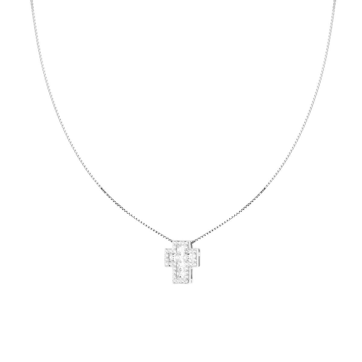 Collana Catena Veneziana Diamantata con Croce Bianca contornata da Cubic Zirconia Bianchi in ARGENTO 925 Galvanica Rodio<BR>
