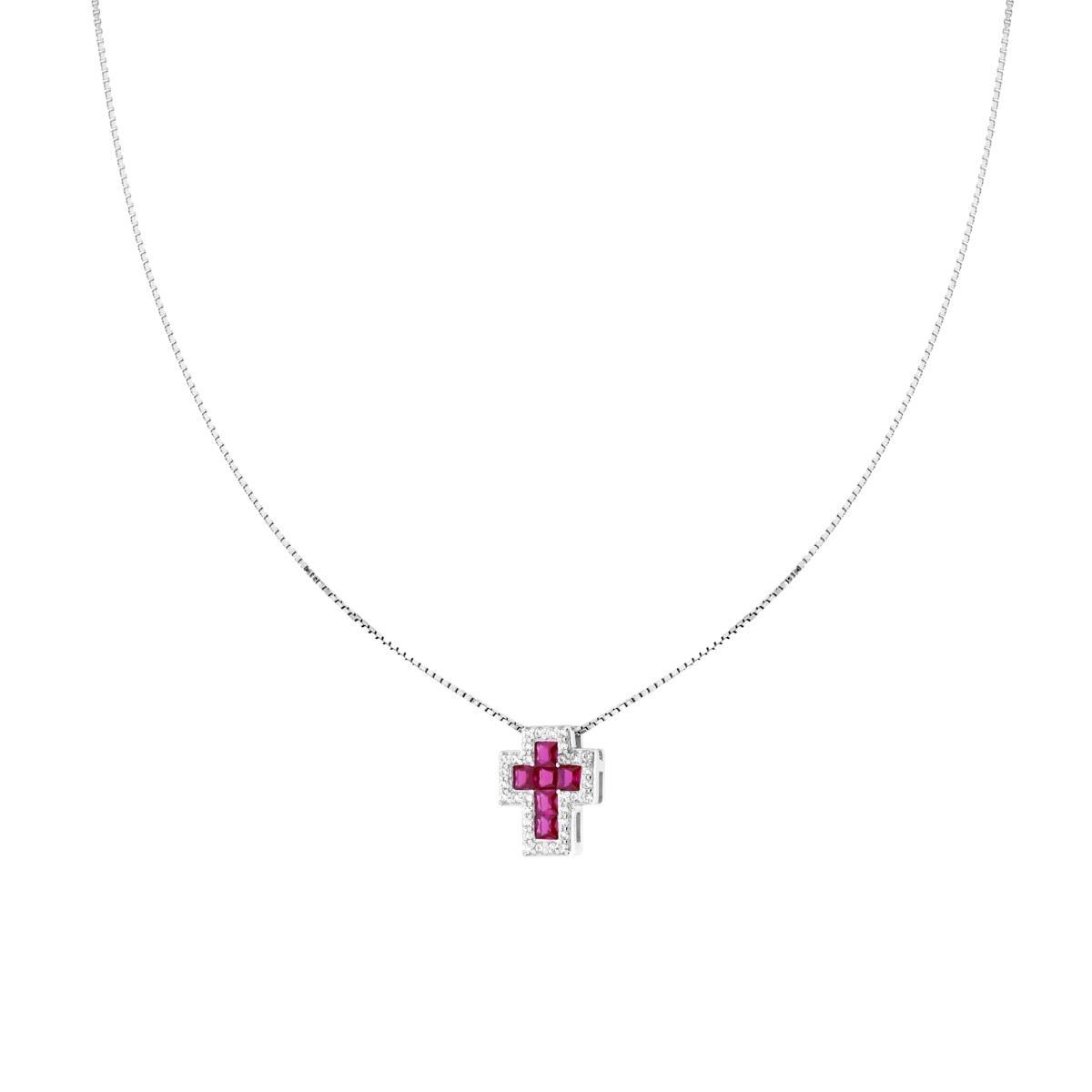 Collana Catena Veneziana Diamantata con Croce Rosso Rubino contornata da Cubic Zirconia Bianchi in ARGENTO 925 Galvanica Rodio<BR>