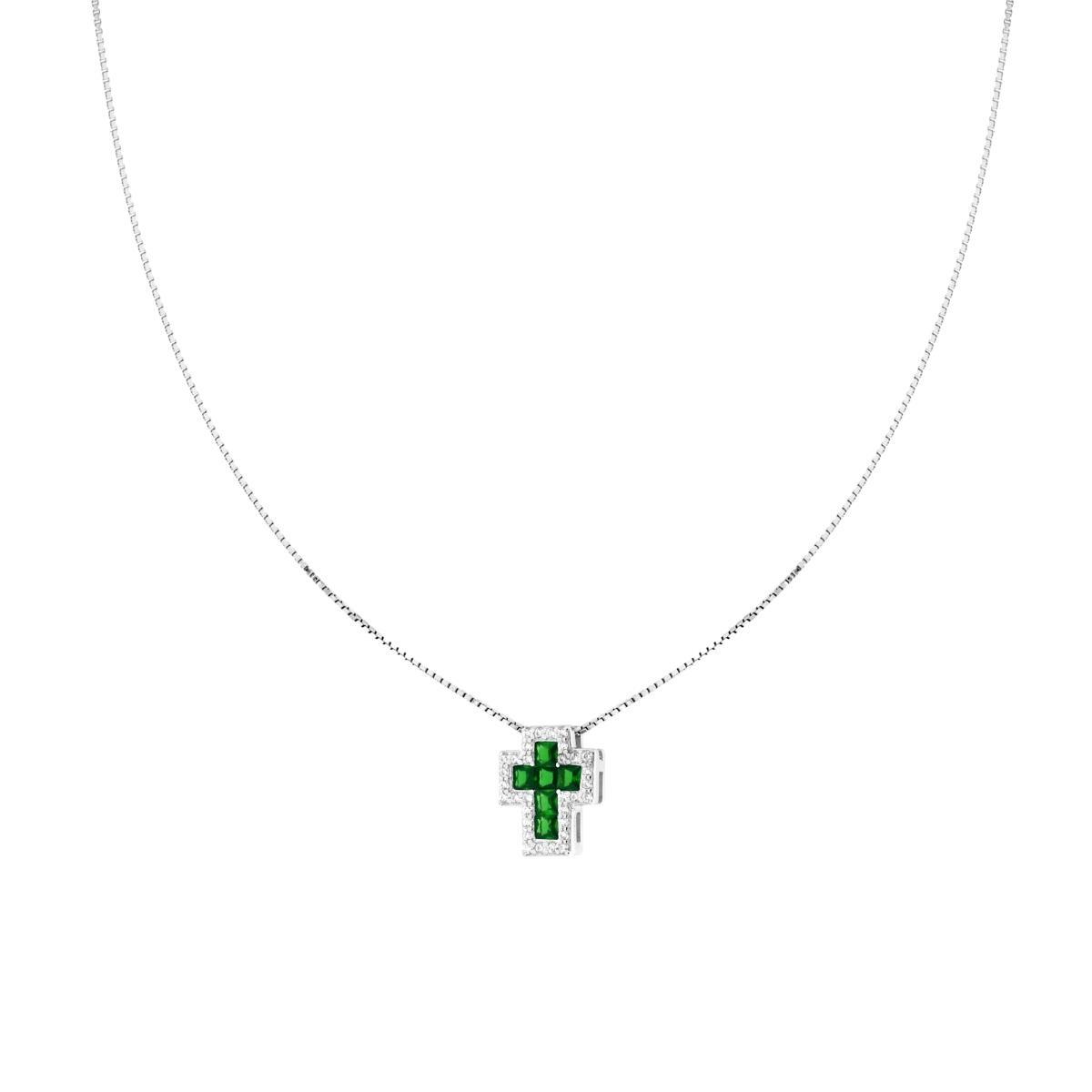 Collana Catena Veneziana Diamantata con Croce Verde Smeraldo contornata da Cubic Zirconia Bianchi in ARGENTO 925 Galvanica Rodio<BR>