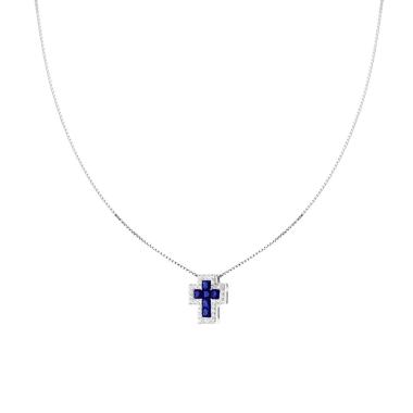 Collana Catena Veneziana Diamantata con Croce Blu Zaffiro contornata da Cubic Zirconia Bianchi in ARGENTO 925 Galvanica Rodio<BR>